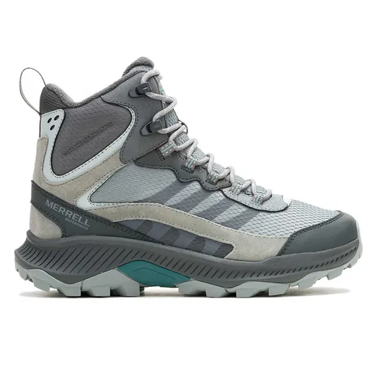 Merrell waterproof hiking boot in shades of gray, featuring a high-top design with mesh panels, suede accents, durable tread, and secure lacing system.