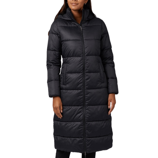 A long black puffer coat with a high collar and front zipper, suitable for cold weather.