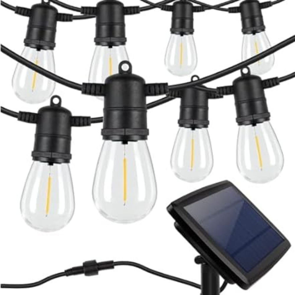 String lights with hanging bulbs and a solar panel for outdoor use.