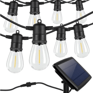 String lights with hanging bulbs and a solar panel for outdoor use.