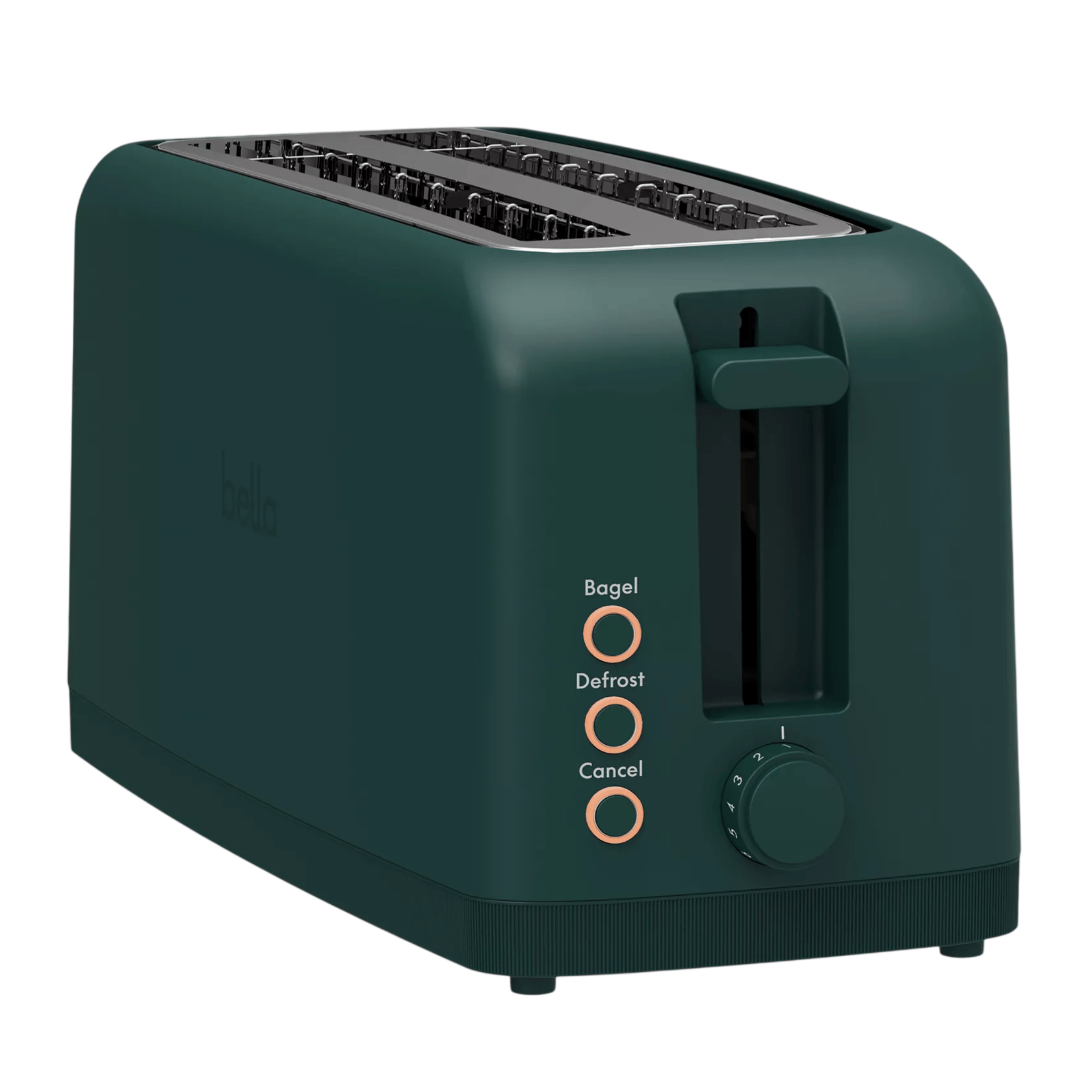 A deep green toaster with slots for bread, featuring buttons for bagel, defrost, and cancel functions, along with a dial for adjusting toast levels from 1 to 6.