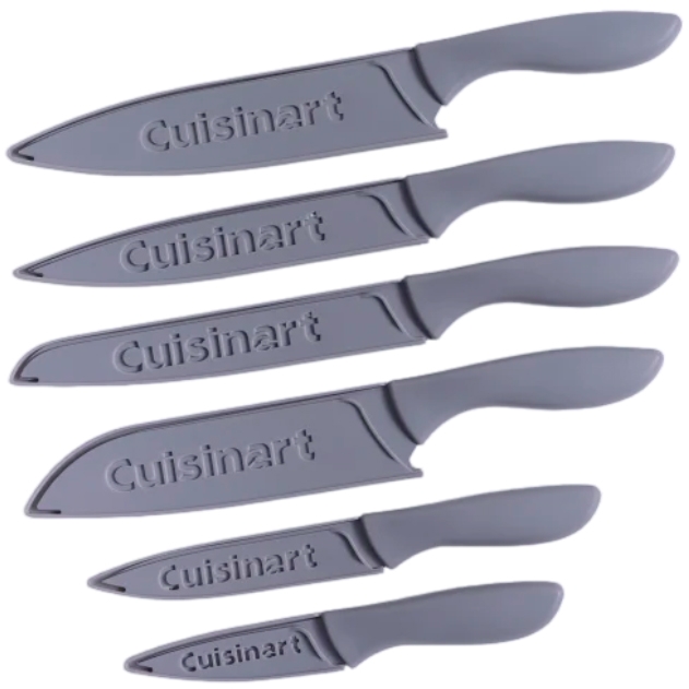 A set of six Cuisinart knives with gray handles and matching blade covers, each embossed with the brand name.