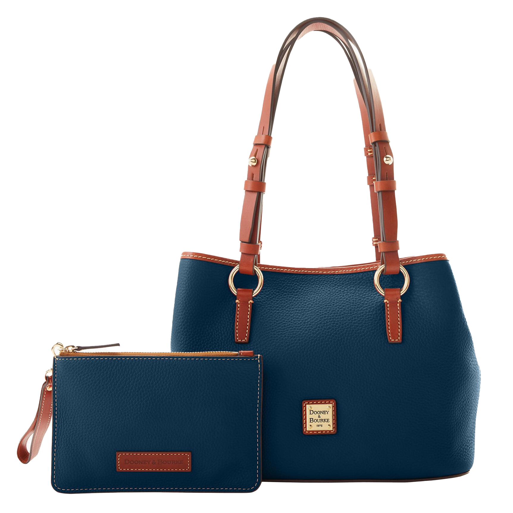Navy blue leather handbag with brown handles and gold accents, accompanied by a matching navy zip-top pouch with a wrist strap. Both feature the brand's logo on a leather patch.