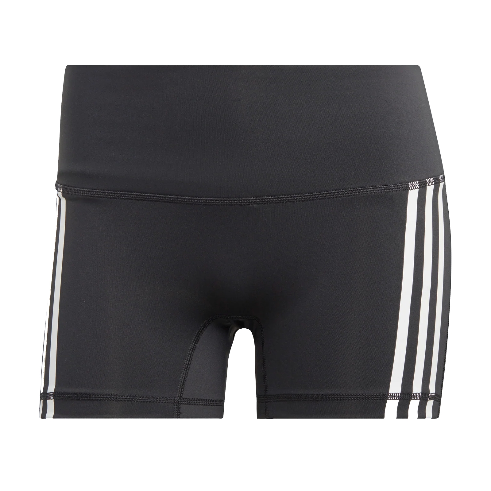Black athletic shorts with three white stripes on the sides, featuring a high waistband and tight fit suitable for sports or active wear.