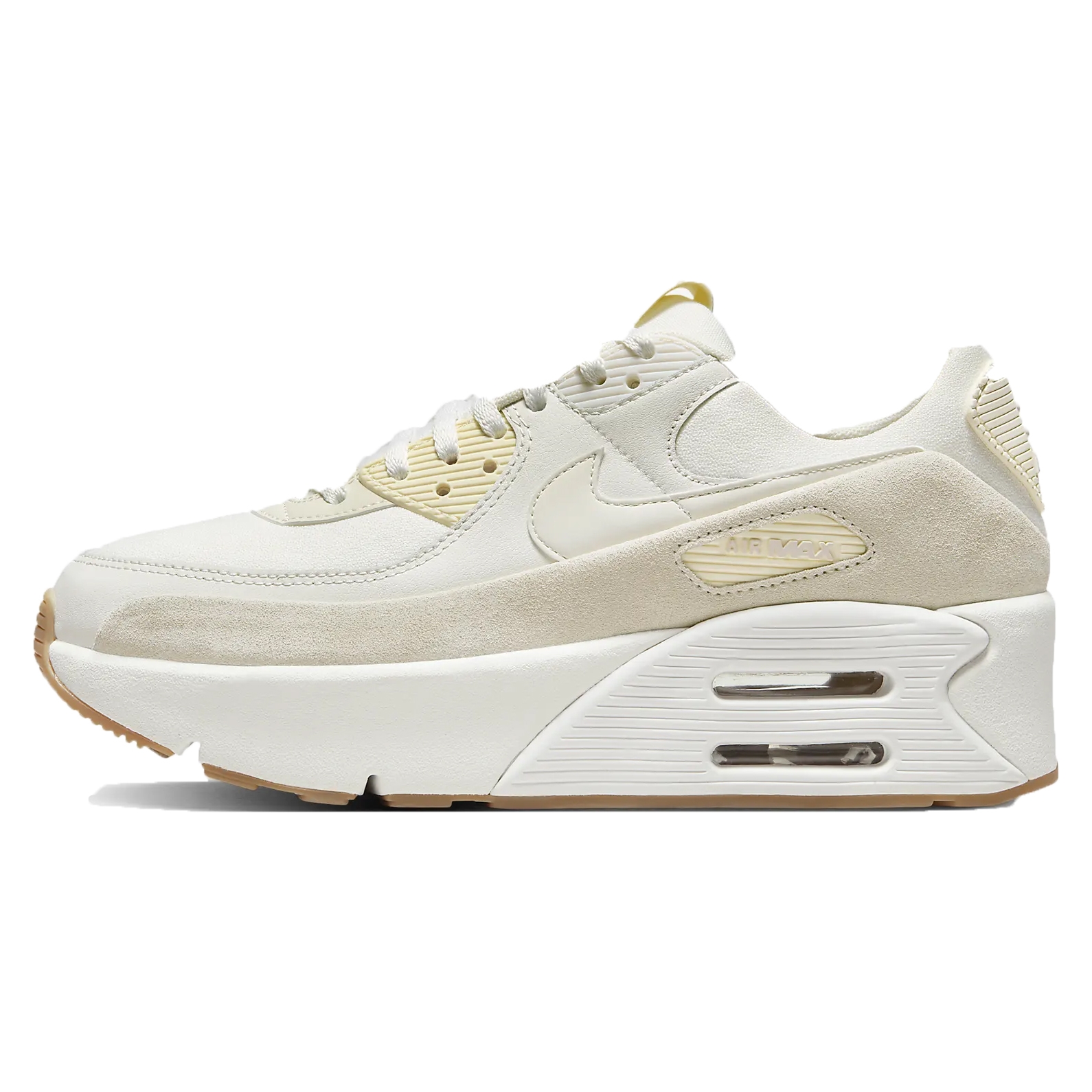 Nike Air Max 90 shoes in a cream and beige color scheme feature a suede and leather upper, prominent Air Max cushioning, and a platform sole for elevation and style.