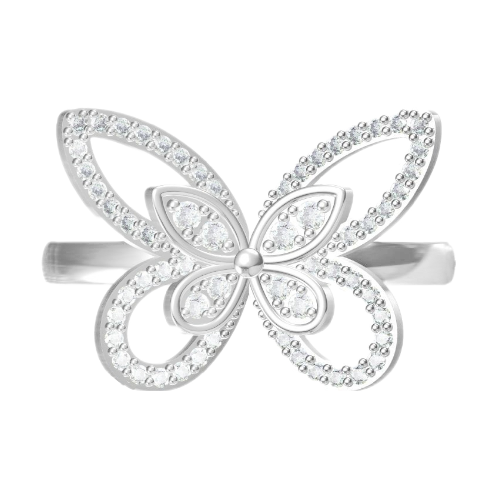 A silver ring with a butterfly design, adorned with small clear gemstones along the wings.