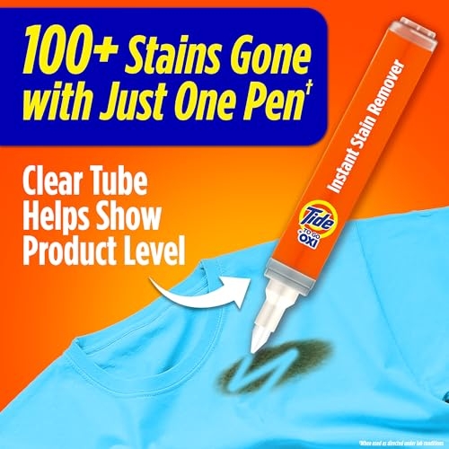 Instant Stain Remover pen for clothes promises to eliminate over 100 stains with a single pen and features a clear tube to show product level.