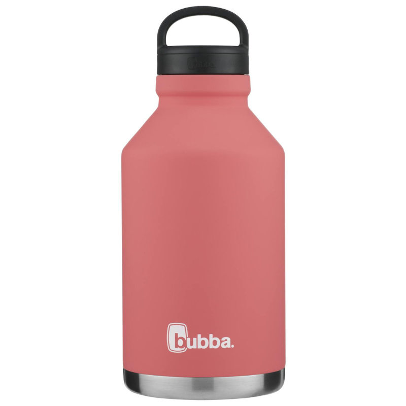 A coral-colored, stainless steel insulated growler with a black handle and a capacity branded as \“bubba\“.