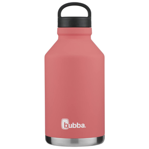 A coral-colored, stainless steel insulated growler with a black handle and a capacity branded as \“bubba\“.