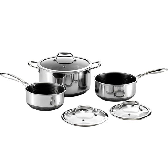 A stainless steel cookware set includes three saucepans of varying sizes with matching glass lids and sleek, ergonomic handles.
