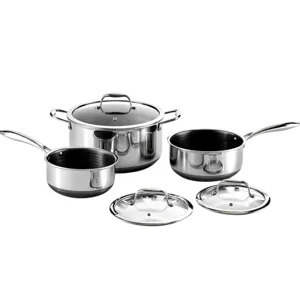 A stainless steel cookware set includes three saucepans of varying sizes with matching glass lids and sleek, ergonomic handles.