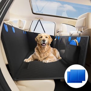 A black quilted car pet seat cover is shown, designed for the rear seat with pockets and blue attachments. Includes a blue cooling mat for pets, providing comfort and protection during car rides.