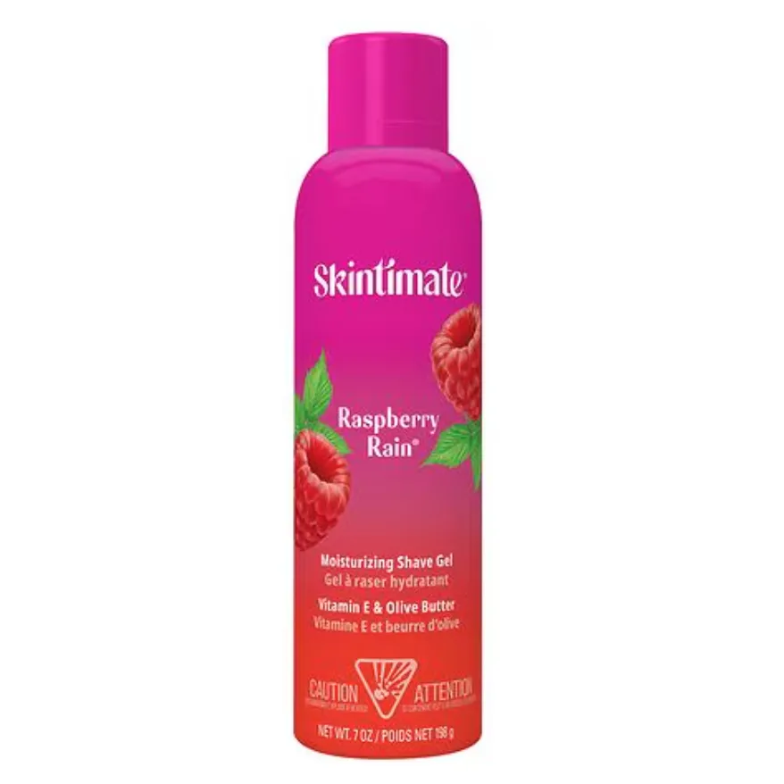 Skintimate Raspberry Rain Moisturizing Shave Gel features Vitamin E and olive butter, comes in a 7 oz can, and has a caution warning on the label.