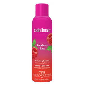 Skintimate Raspberry Rain Moisturizing Shave Gel features Vitamin E and olive butter, comes in a 7 oz can, and has a caution warning on the label.