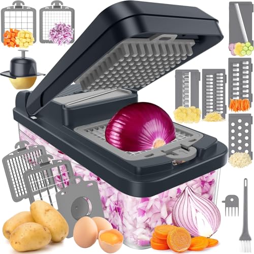 A vegetable chopper with interchangeable blades and accessories for slicing, dicing, and shredding various foods like onions, potatoes, and carrots, featuring a container to catch chopped pieces.