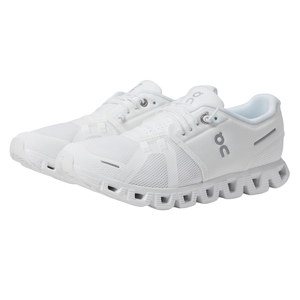 The On Women's Cloud 5 Shoes are white athletic sneakers featuring a lightweight mesh upper and unique cloud cushioning soles for enhanced comfort and performance, with lace-up closures and subtle brand logos.