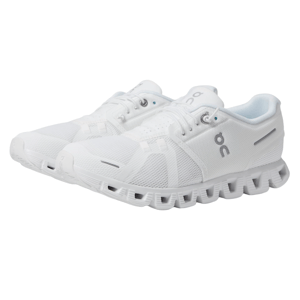 The On Women's Cloud 5 Shoes are white athletic sneakers featuring a lightweight mesh upper and unique cloud cushioning soles for enhanced comfort and performance, with lace-up closures and subtle brand logos.