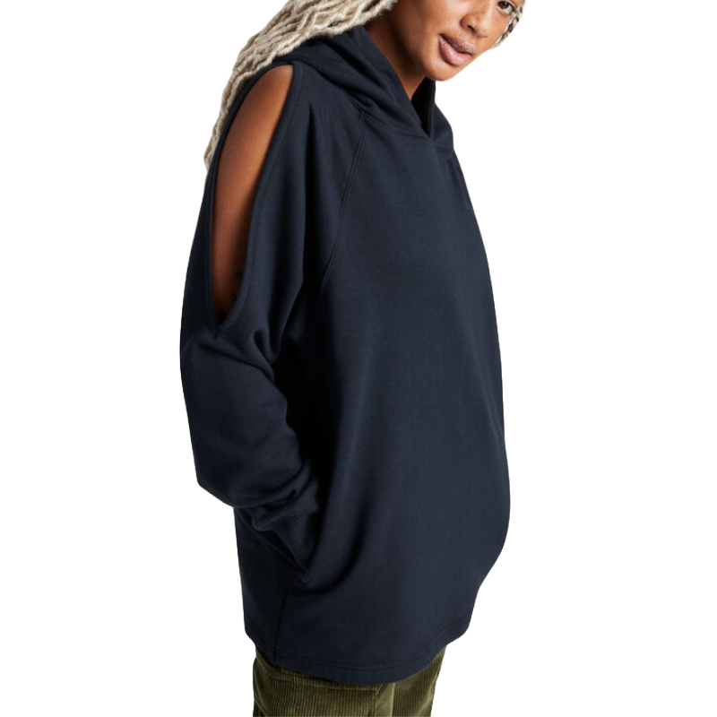 A black hoodie with shoulder cut-outs, featuring a relaxed fit and long sleeves. Designed for casual wear with a modern twist.