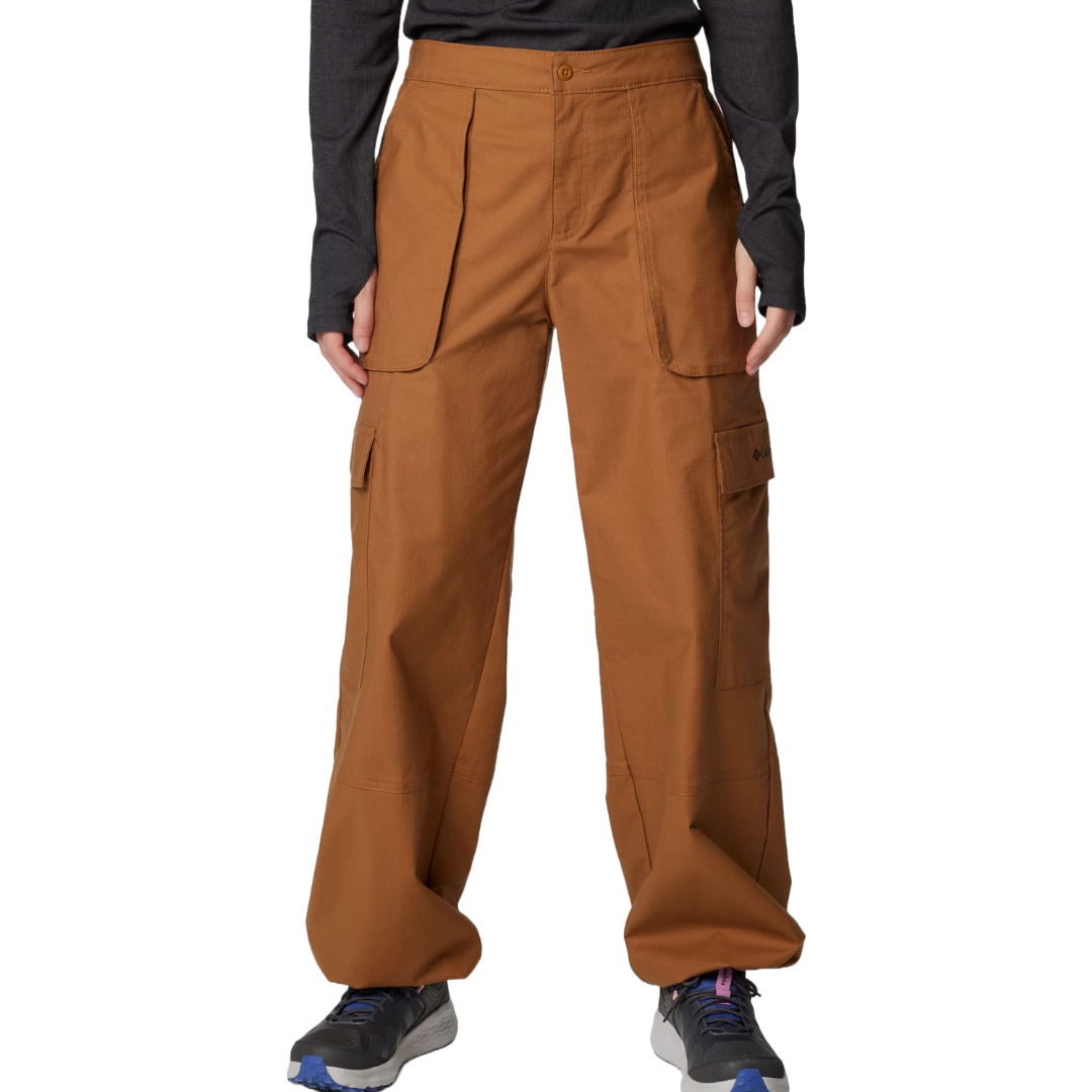 Brown cargo pants with a relaxed fit, made of durable ripstop fabric, featuring multiple large pockets and a button closure, paired with gray laced sneakers with blue accents.
