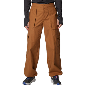Brown cargo pants with a relaxed fit, made of durable ripstop fabric, featuring multiple large pockets and a button closure, paired with gray laced sneakers with blue accents.