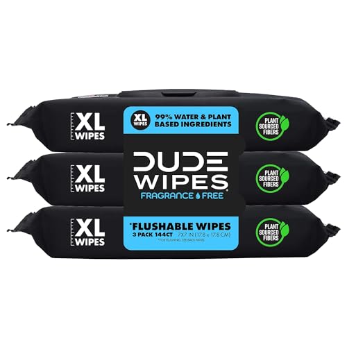 Three black packages of Dude Wipes, advertised as XL size, flushable, and made with 99% water and plant-based ingredients, fragrance-free.