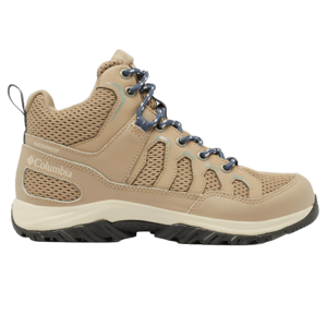 Columbia Granite Trail Boots are waterproof hiking boots in tan with blue accents, featuring mesh panels for ventilation, durable laces, and a rugged, nonslip sole for outdoor traction.