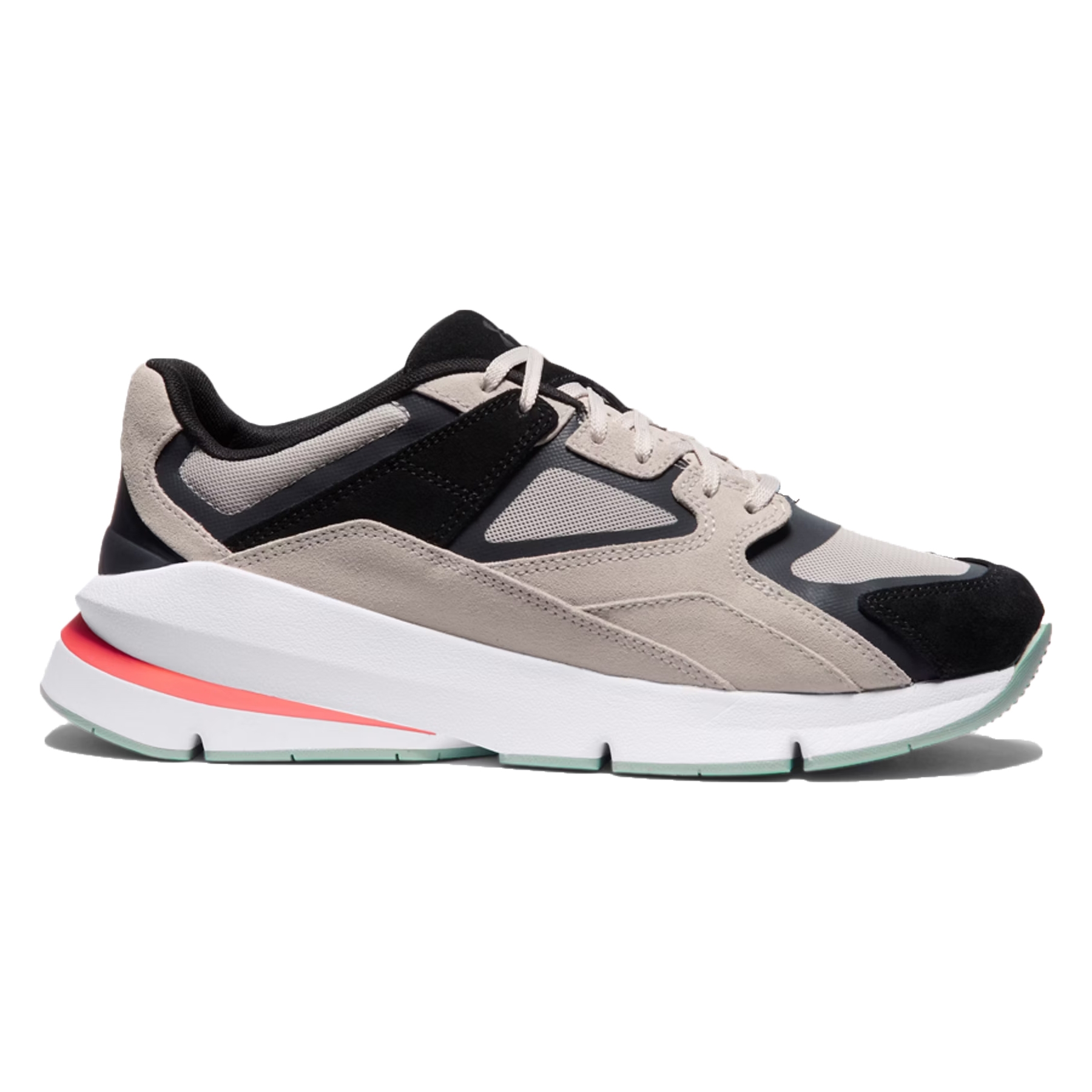 Under Armour Forge 96 Shoes feature a retro-inspired design with a combination of beige, black, and gray mesh and suede uppers. They have a thick white midsole with a pink accent stripe for added style.