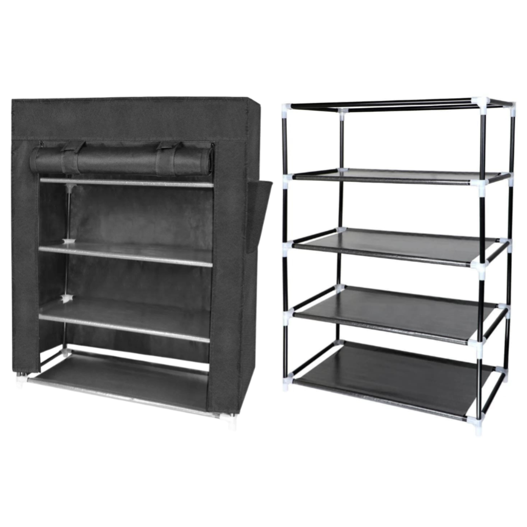 Two shelving units: one with four open shelves and another with a cover and three shelves. Both are black with metal frames and adjustable shelving options.