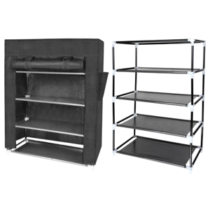 Two shelving units: one with four open shelves and another with a cover and three shelves. Both are black with metal frames and adjustable shelving options.