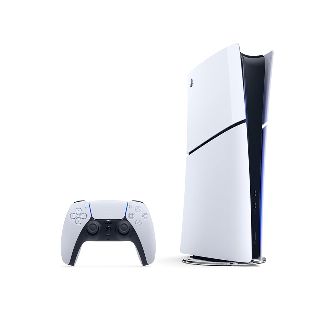 A PlayStation 5 console and a white DualSense wireless controller.