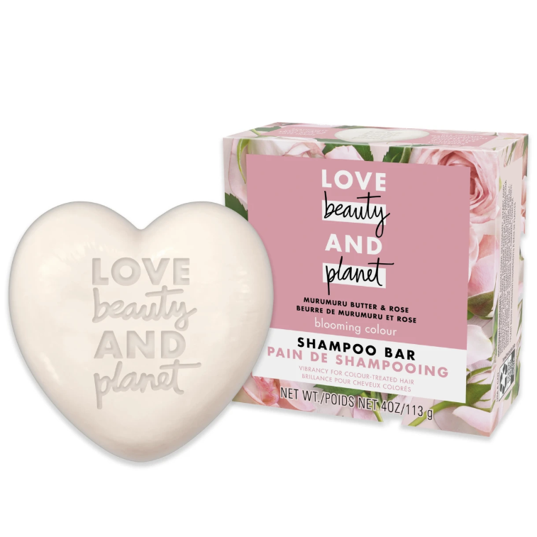 Heart-shaped shampoo bar and box labeled \“Love Beauty and Planet\“ with Murumuru Butter and Rose for color-treated hair, 4 oz/113 g.