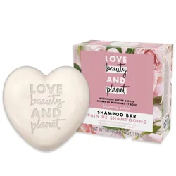Heart-shaped shampoo bar and box labeled \“Love Beauty and Planet\“ with Murumuru Butter and Rose for color-treated hair, 4 oz/113 g.