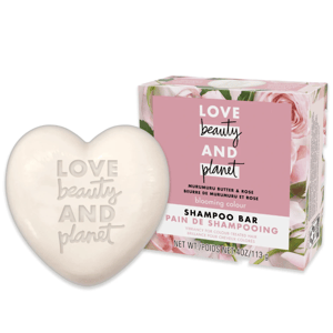 Heart-shaped shampoo bar and box labeled \“Love Beauty and Planet\“ with Murumuru Butter and Rose for color-treated hair, 4 oz/113 g.