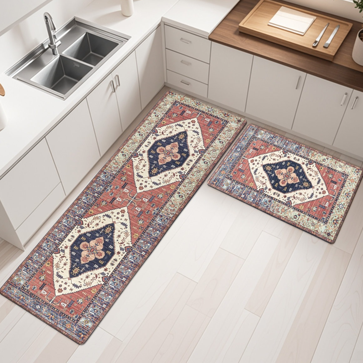 Two Persian-style kitchen rugs are displayed on a light wood floor, featuring intricate geometric and floral patterns in red, navy, and cream colors. They are placed in front of a white kitchen counter with a sink.