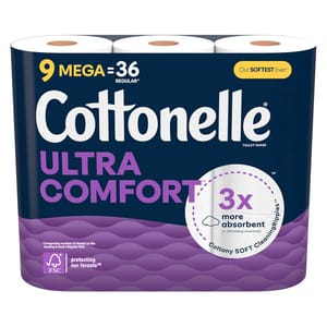 Cottonelle Ultra Comfort 9 Mega Rolls, equivalent to 36 regular rolls, offer three times more absorbency with cottony soft cleaning ripples. Packaging features FSC certification and emphasizes forest protection.