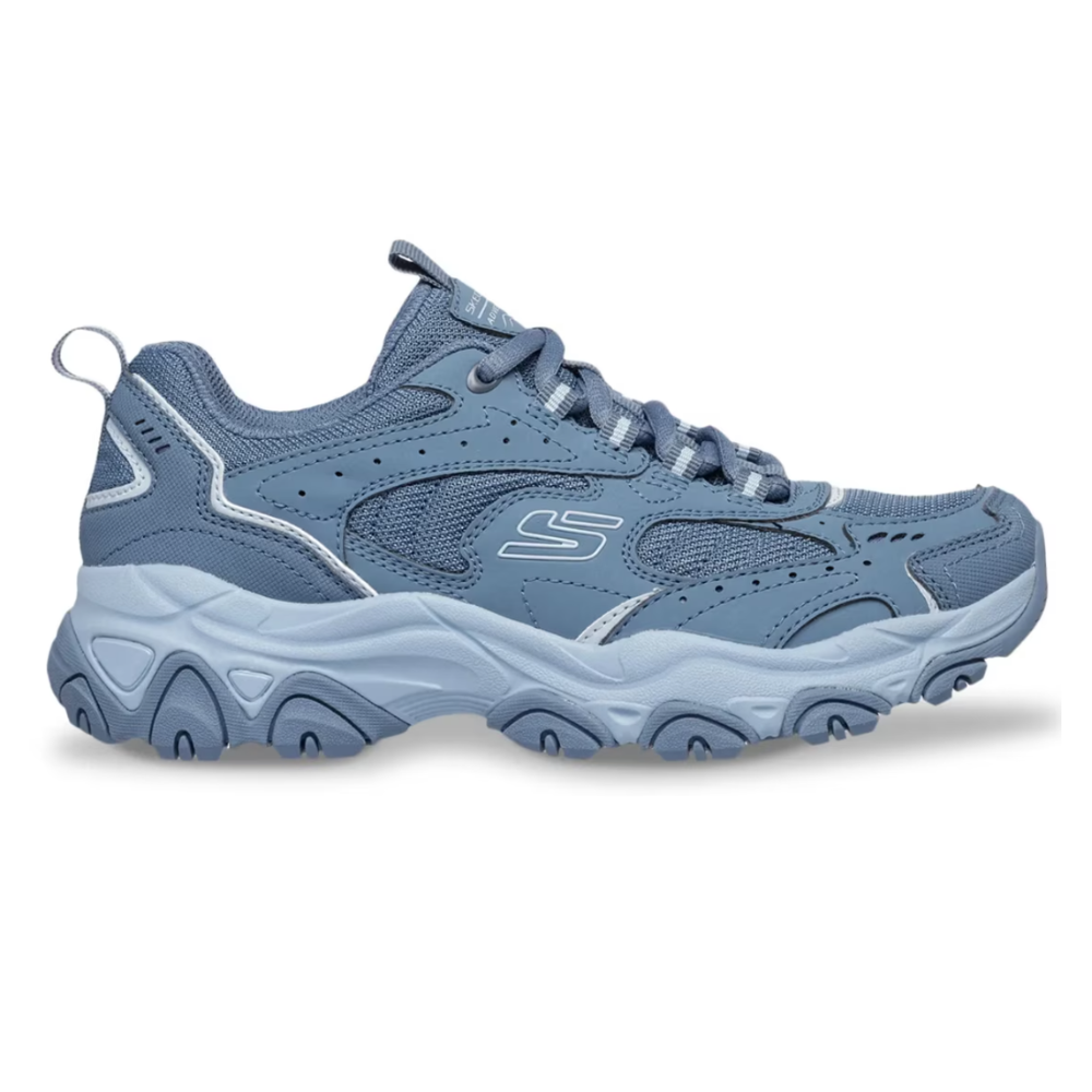Light blue athletic sneaker with a chunky sole featuring mesh and synthetic overlay detailing, lace-up closure, and a pull-tab at the heel.