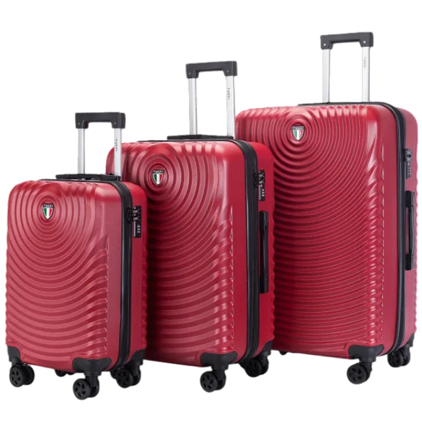 Tucci 3pc luggage set features three red hard-shell suitcases with ripple patterns and four spinner wheels. Each suitcase has telescopic handles for easy maneuverability.