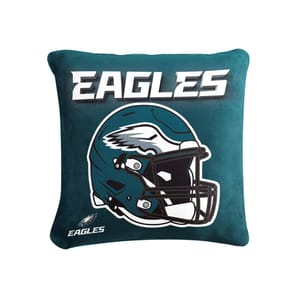 A square pillow featuring the Philadelphia Eagles logo with a helmet design on a green background. The word \“EAGLES\“ is prominently displayed above the helmet.