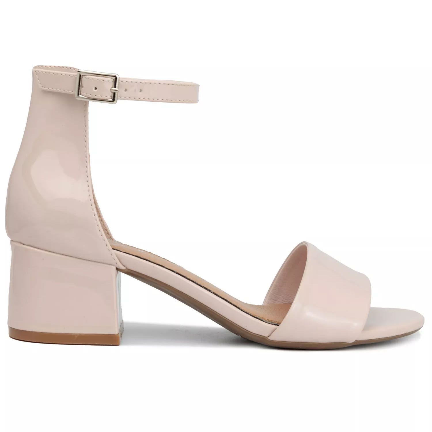 Beige patent leather block heel sandal with a single strap over the toes and an adjustable ankle strap.