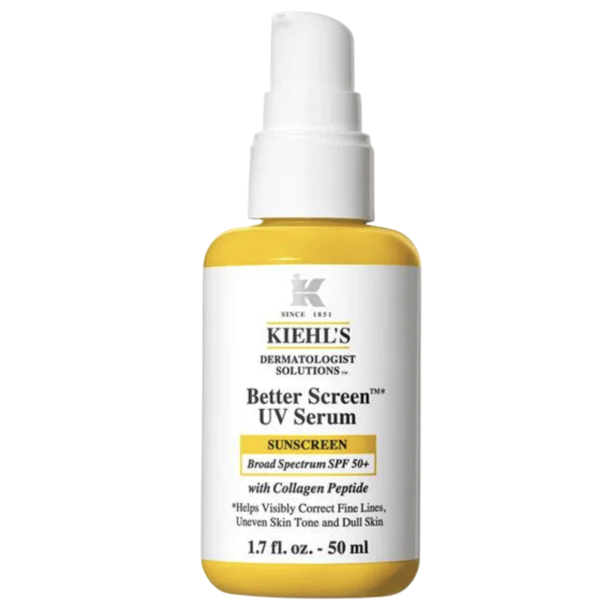 Kiehl's Better Screen UV Serum with Broad Spectrum SPF 50+, containing collagen peptide, is designed to correct fine lines, uneven skin tone, and dullness. Size: 1.7 fl. oz. (50 ml).