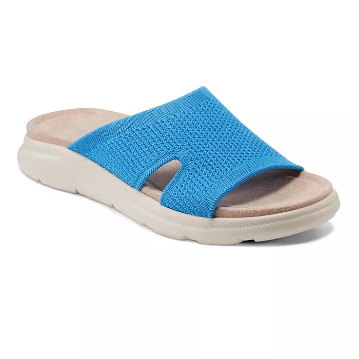 A blue knitted slide sandal with a cream-colored, cushioned sole featuring an open-toe design.