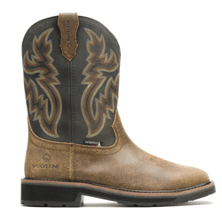 A brown and black cowboy boot with decorative stitching, labeled \“Wolverine,\“ featuring a waterproof tag on the side.