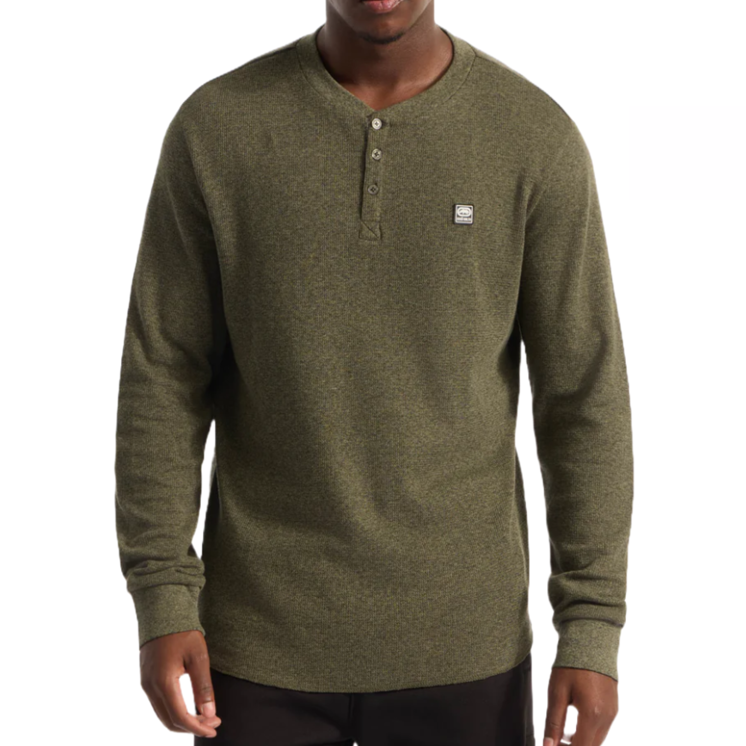 Olive green, long-sleeve henley thermal top with a round neck and three-button placket, featuring a small patch logo on the chest.