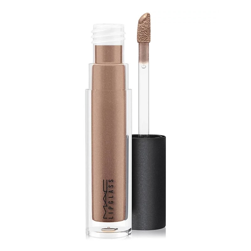 MAC Lipglass in a metallic brown shade with a doe-foot applicator and a black cap.