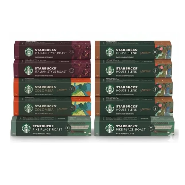A selection of Starbucks coffee capsules compatible with Nespresso machines, featuring Italian Style Roast, Colombia, House Blend, and Pike Place Roast varieties.