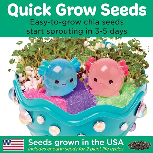 Quick Grow Seeds kit with easy-to-grow chia seeds, sprouting in 3-5 days, featuring a decorative planter with two cute animal figures, made in the USA.