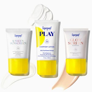 Three Supergoop! sunscreen tubes: Unseen Sunscreen, PLAY Everyday Lotion, and Glowscreen.