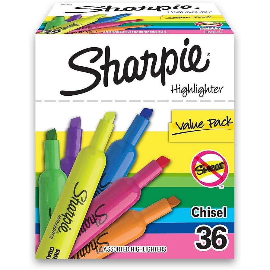 Sharpie Highlighter Value Pack with chisel tips, 36 assorted colors, featuring a no-smear design.