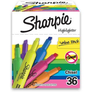 Sharpie Highlighter Value Pack with chisel tips, 36 assorted colors, featuring a no-smear design.