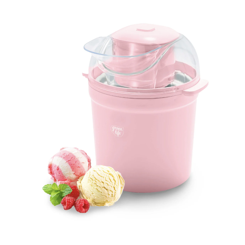 Pink ice cream maker and two scoops of ice cream with raspberries and a mint leaf.